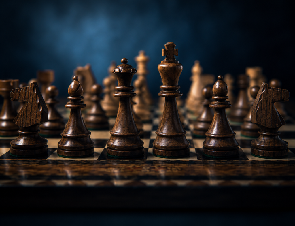 Luxury wooden chess pieces representing strategic business planning, leadership, and decision making.