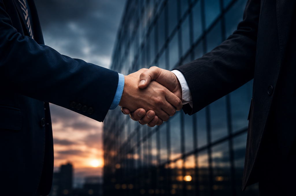 Business professionals shaking hands to symbolize trust, partnership, and executive collaboration.